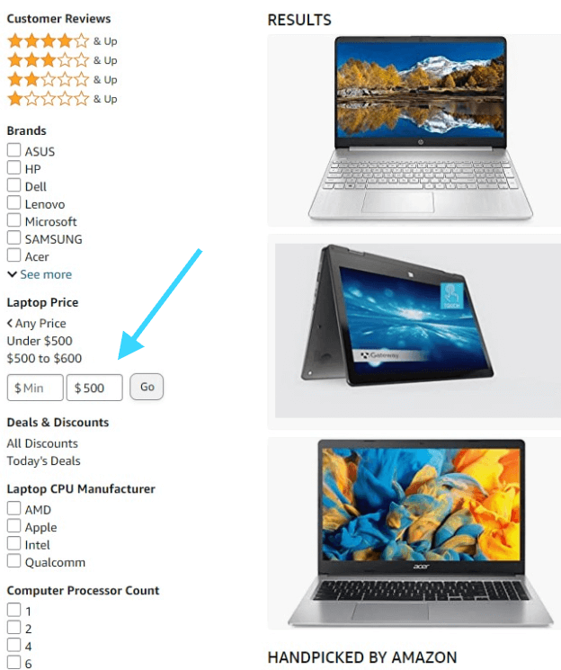Amazon page for laptops under $500